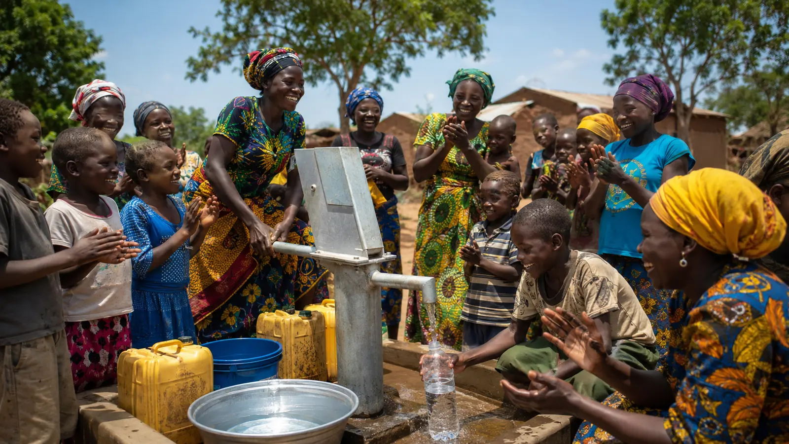 Community gathered around a clean water pump